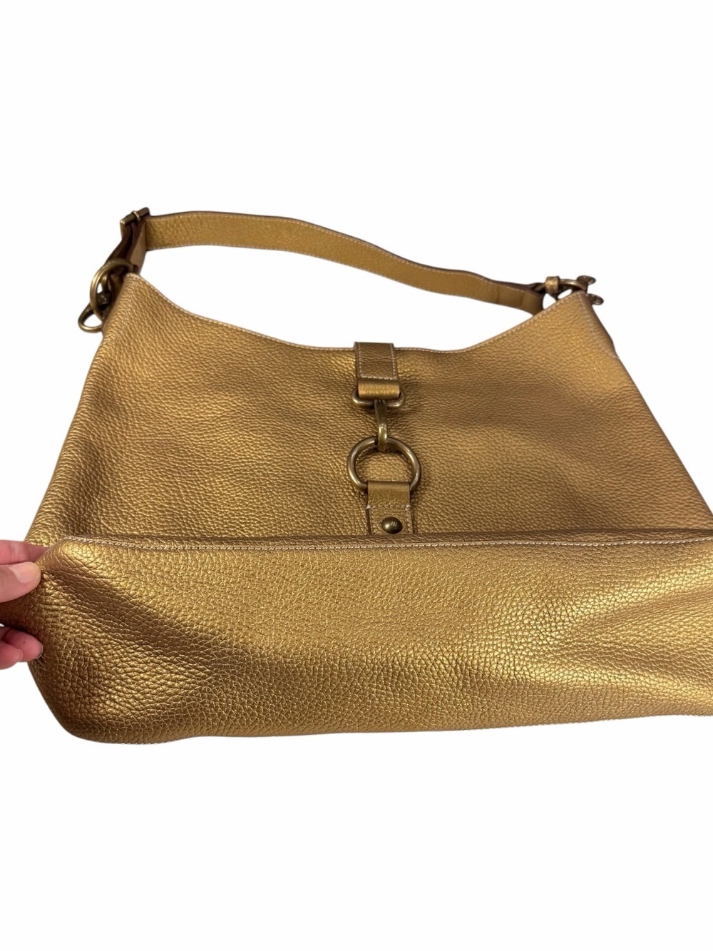 Gold Leather Hobo Shoulder Bag With Brass Accents - Picture 2 of 7